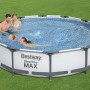 Bestway Stahlrahmen Pool Set Steel Pro Max, Ø 366 cm, mit Familie im Wasser auf Rasen.