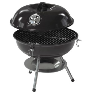 Schwarzer Holzkohle-Kugelgrill Mini mit Deckel und Lüftungsregler, ideal für unterwegs.