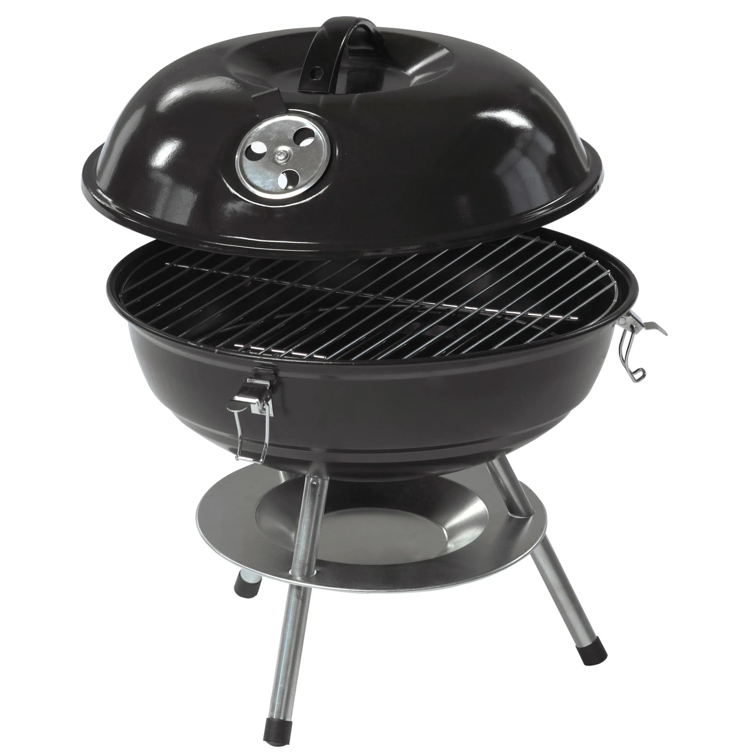 Schwarzer Holzkohle-Kugelgrill Mini mit Deckel und Lüftungsregler, ideal für unterwegs.