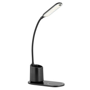 Schwarze LED-Tischlampe Melli mit Stifthalter und Wireless-Ladefunktion.