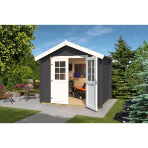 Lackiertes Weka Holz-Gartenhaus 209 mit Satteldach und geöffneten Doppeltüren, Gartengeräte sichtbar.