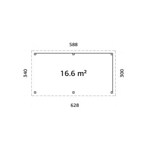 Grundriss Palmako Pavillon Lenna Set 309, 588x300 cm, Weekendhaus mit Maßen und Flächenangabe.