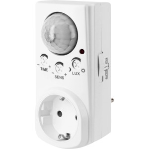 Weißer Steckdosenadapter mit Bewegungsmelder für Innenräume.