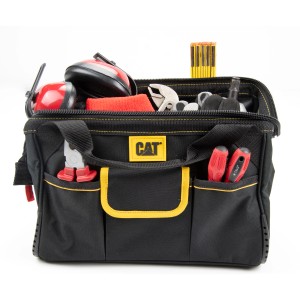 Schwarze Cat Werkzeugtasche (33 cm) mit gelben Akzenten und Werkzeug.