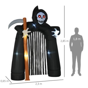 Großer aufblasbarer Halloween Sensenmann-Torbogen mit leuchtenden roten Augen und LED-Beleuchtung. Gruselige Dekoration.