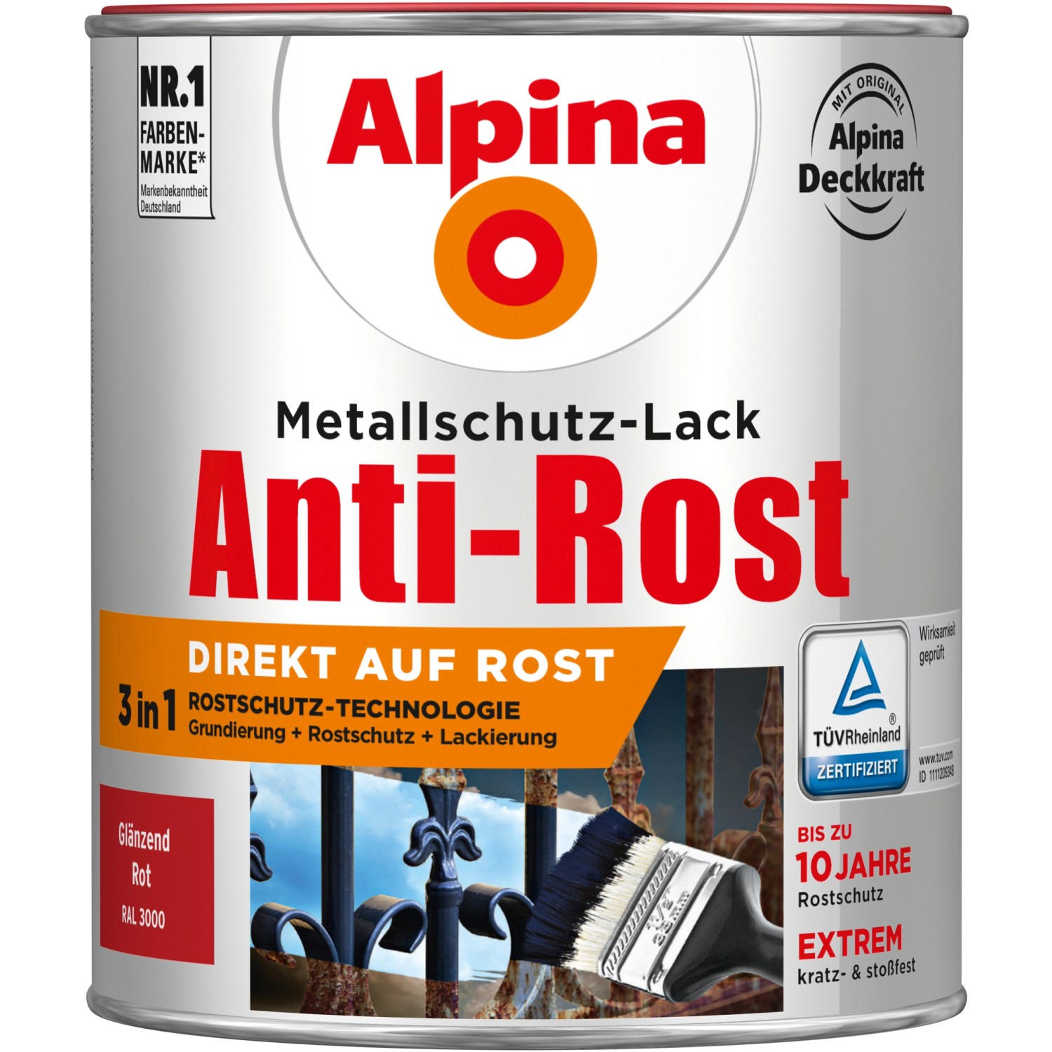 Dose Alpina Metallschutz-Lack Anti-Rost Rot glänzend, 750ml, mit Rostschutz-Technologie.