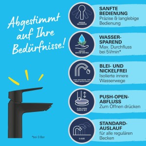 Grohe QuickFix Waschtischarmatur Start S-Size Schwarz mit Wassersparfunktion und Push-Open Ablaufgarnitur.
