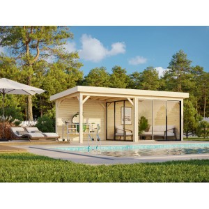 Palmako Pavillon Lenna Set 405, 588x300 cm, weiß lackiert, mit Schiebetüren und Freisitz am Pool.