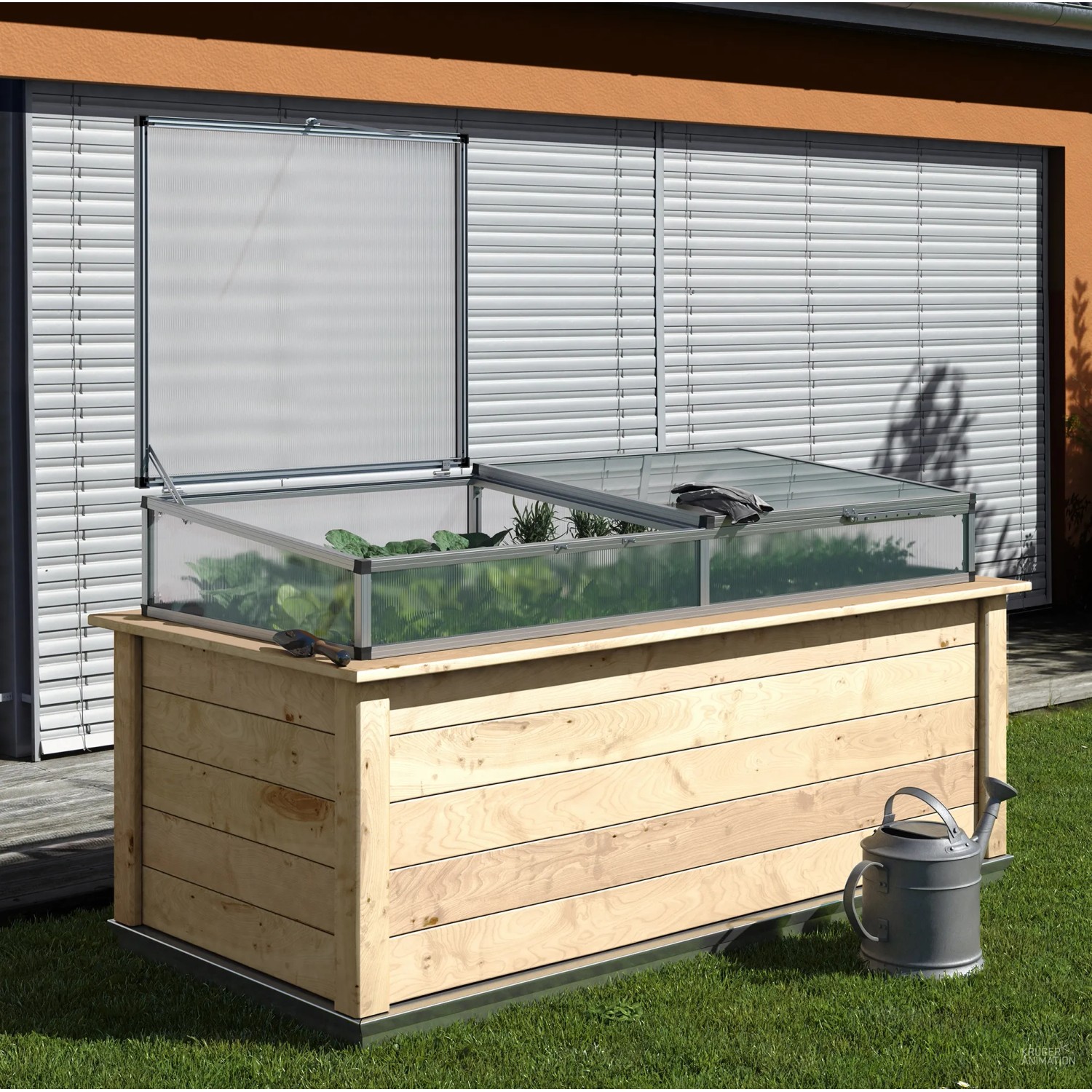 KGT Hochbeet Woody 210 aus Lärche, 79x214x99cm, mit Frühbeetaufsatz und Gießkanne im Garten.