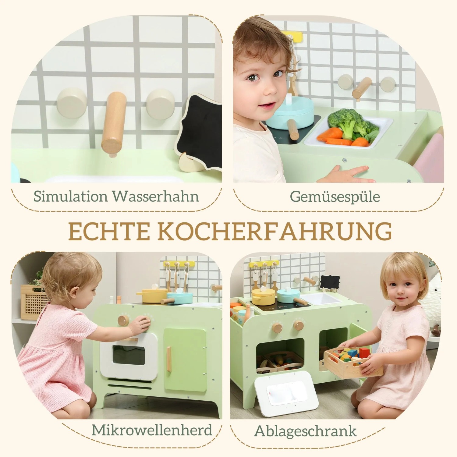 Grüne AIYAPLAY Kinderküche aus MDF mit Spülbecken, Mikrowelle, Wasserhahn und Stauraum. Kinder spielen.