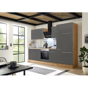 Moderne Respekta Küchenzeile Marleen 310 cm in Artisan-Eiche und Grau Matt mit E-Geräten.