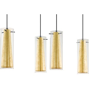 Moderne Eglo Pendelleuchte Pinto, 4-flammig, Gold-Schwarz, für E27 Leuchtmittel. Elegante Hängeleuchte aus Metall und Glas.