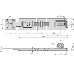 Technische Zeichnung einer Basi Sicherheitsüberfalle, 195 mm, mit zwei Gelenken und Maßangaben.