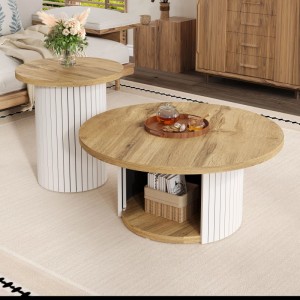 okwish Couchtisch Doppelter Runder Beistelltisch mit Naturholzlatten Wohnzimmertisch Natur/Weiß