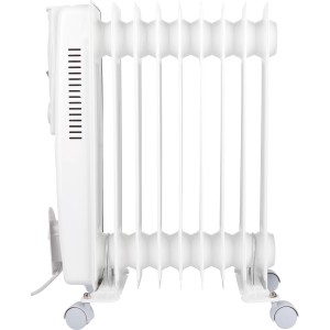 Weißer Ölradiator Kiruna Elektroheizung mit 9 Rippen und Rollen für mobile Wärme.