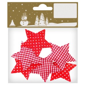 6 Sterne aus Stoff wattiert Weiß Rot 5 cm