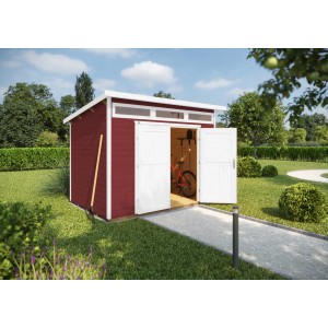 Rotes Weka Gartenhaus 264 mit Pultdach und geöffneten, weißen Doppeltüren. Im Inneren steht ein Fahrrad.