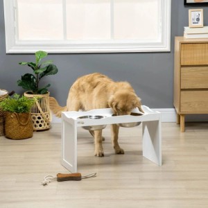 Goldener Retriever frisst aus weißem, erhöhtem PawHut Hundenapf mit zwei Edelstahlschalen. Ergonomische Futterstation.