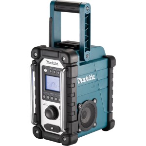 Makita Akku-Radio, robustes Baustellenradio mit Tragegriff und LCD-Display.