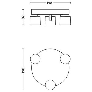 Technische Zeichnung des silbernen Philips LED-Spots Star mit 3 Leuchten und Maßangaben.