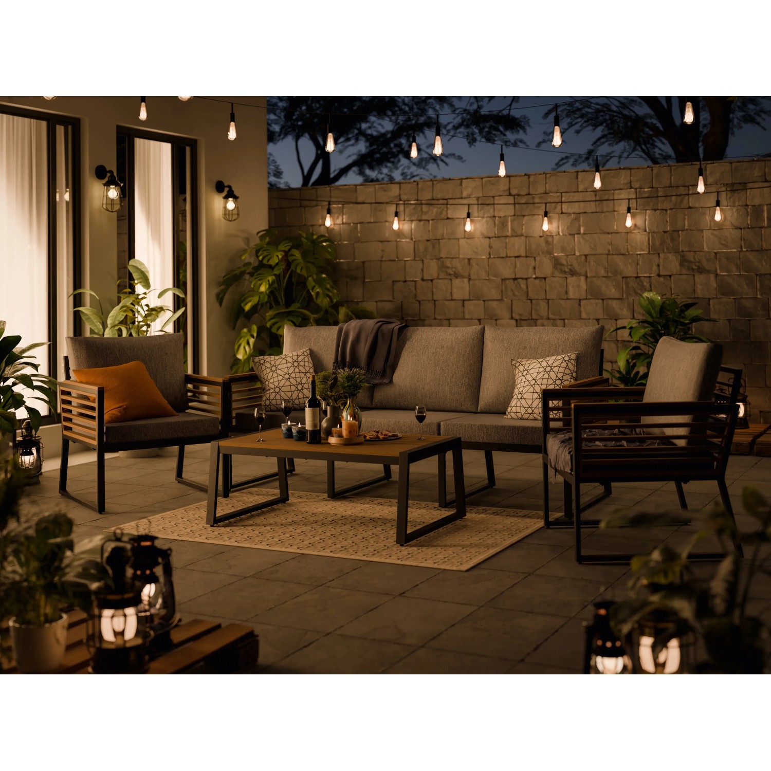 4-teilige Loungegruppe Folkston aus Akazienholz und Aluminium für den Garten.