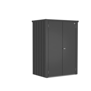 Dunkelgrauer Biohort Terrassenschrank Romeo L High mit zwei Türen und Metallgriff. Robuster Gartenschrank.