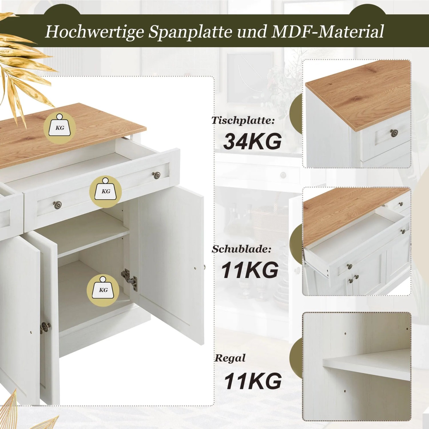 okwish Sideboard mit 4 Türen 2 Schubladen Esszimmer 150x40x86cm Natur_8