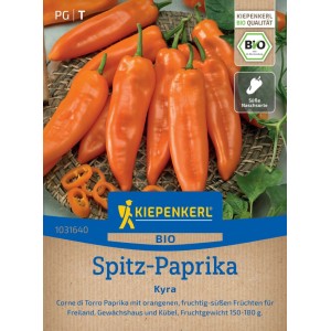 Kiepenkerl BIO Spitz-Paprika Kyra Saatgut mit orangefarbenen Paprika.