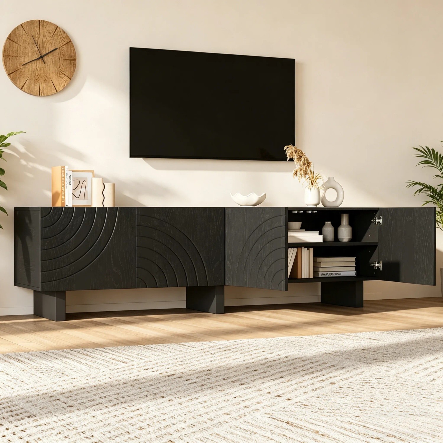 okwish TV-Bank Mit Struktur 4 Türen Wohnzimmer 180x40x55cm Schwarz_3
