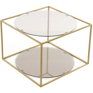 Kayoom Beistelltisch Cody, grau-goldener Metallrahmen mit zwei runden, grauen Glasplatten.
