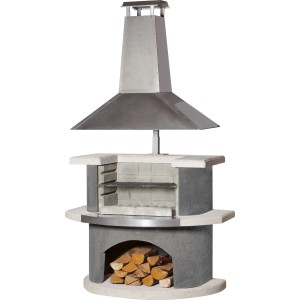 Buschbeck Grillkamin Zürich in Anthrazit-Weiß mit Edelstahlhaube und Holzscheiten.