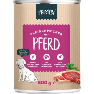 Primox Fleischmecker Pferd 800g, Hunde-Nassfutter ohne Getreide und Zucker, mit 70% Fleischanteil.