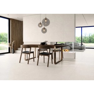 Weiße Feinsteinzeug Bodenfliese Silver Peak (59,8x59,8 cm) in Beton-Optik. Matt, robust für Innen & Außen.