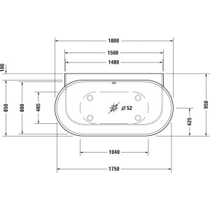 Technische Zeichnung der ovalen Duravit Badewanne Luv, 180x95 cm, mit Maßen für die Vorwandversion.