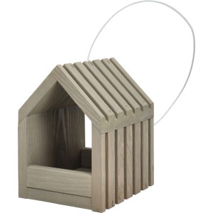 Naturfarbenes Vogelhaus aus Holz mit Rillendach und Aufhängedraht.