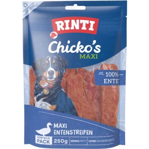 Rinti Chicko Maxi Entenstripes 250g, getrocknete Hundesnacks mit 100% Ente im blauen Beutel.