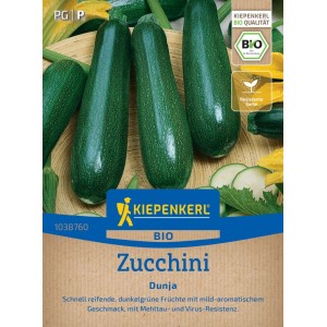Kiepenkerl BIO Zucchini Dunja F1 Saatgut Packung mit dunkelgrünen Zucchinis.