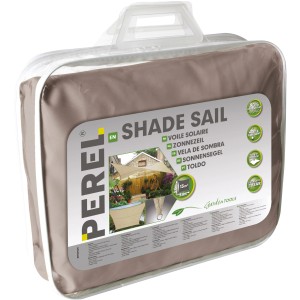 Verpacktes Perel Viereck-Sonnensegel, 500x500 cm, braun-grau, UV-Schutz, wasserabweisend.