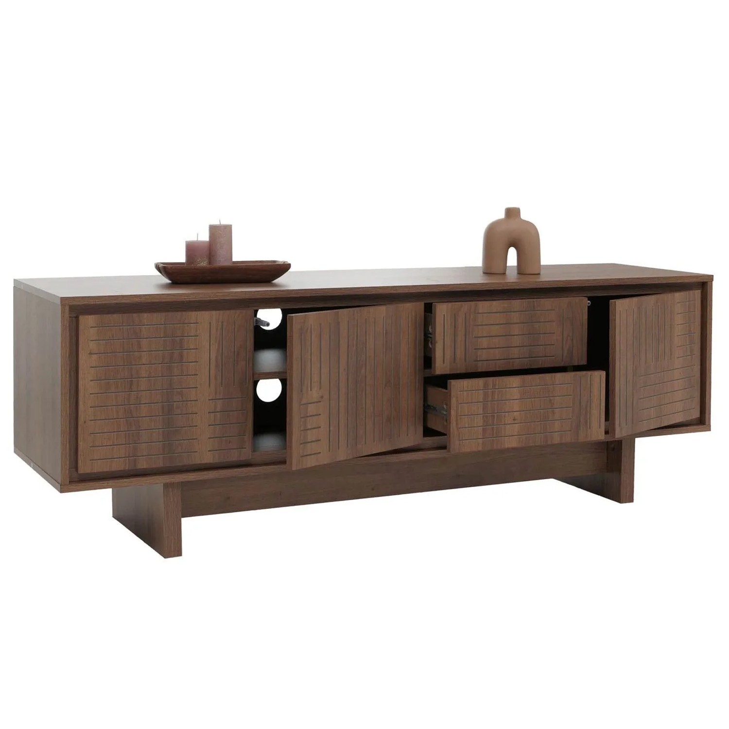 Braunes MCW TV-Rack O34 mit strukturierten Fronten, teilweise geöffneten Türen und Schubladen. Melamin TV-Schrank.