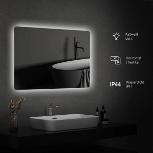 Rechteckiger Emke Badspiegel 80x60 cm mit kaltweißer LED-Beleuchtung, Wandschalter und IP44-Schutz im modernen Bad.