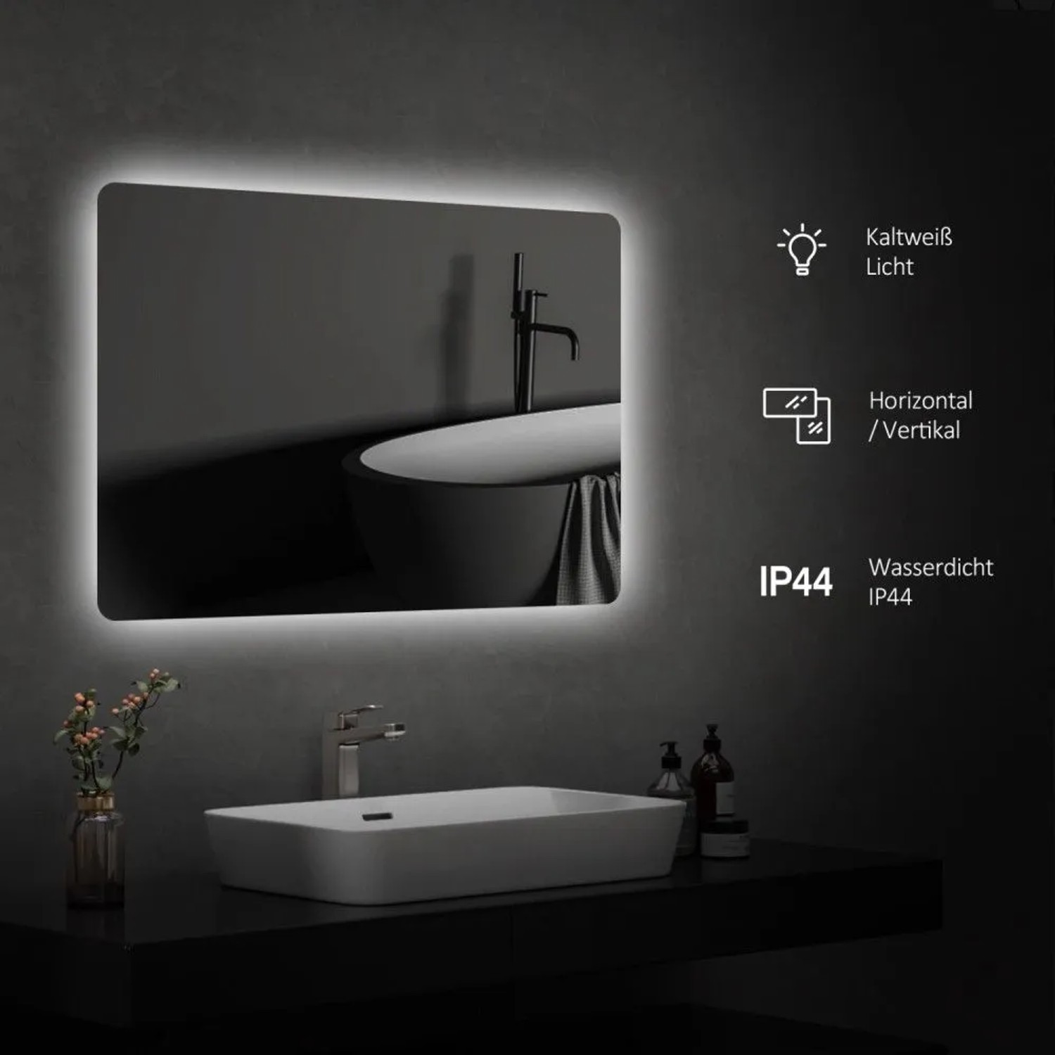 Rechteckiger Emke Badspiegel 80x60 cm mit kaltweißer LED-Beleuchtung, Wandschalter und IP44-Schutz im modernen Bad.