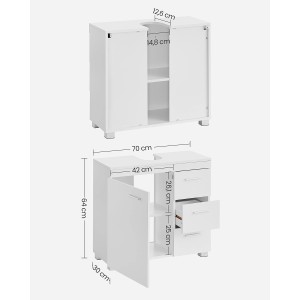Weißer Vasagle Waschbeckenunterschrank (30x70x64 cm) mit Schubladen und Fächern, Maße dargestellt.