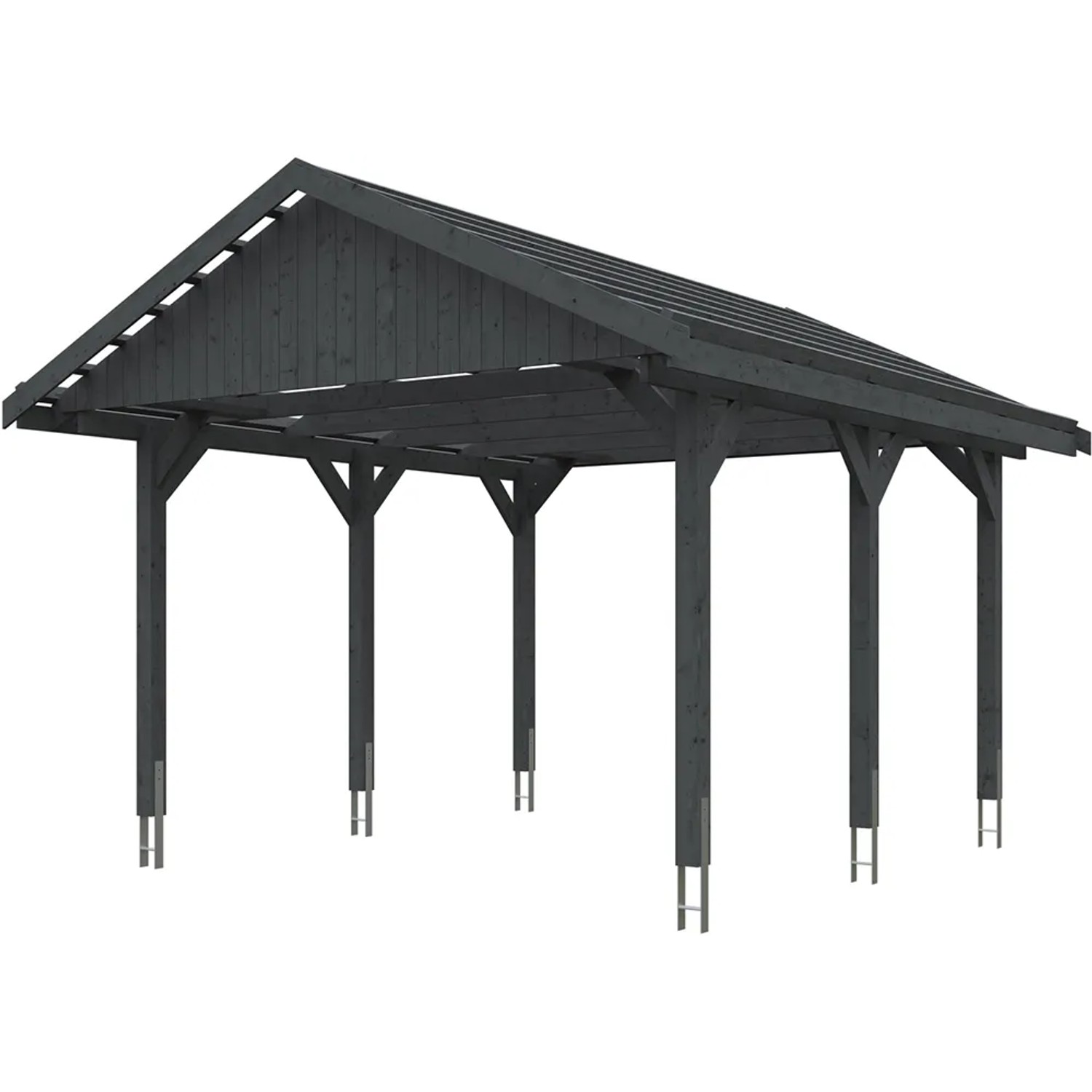 Satteldach-Carport Wallgau in Schiefergrau mit Dachlattung, Holzkonstruktion.