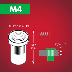 Abbildung einer Arrow Nietmutter RN M4 Alu, 6 mm x 10,5 mm, 20 Stück, für stabile Gewinde.