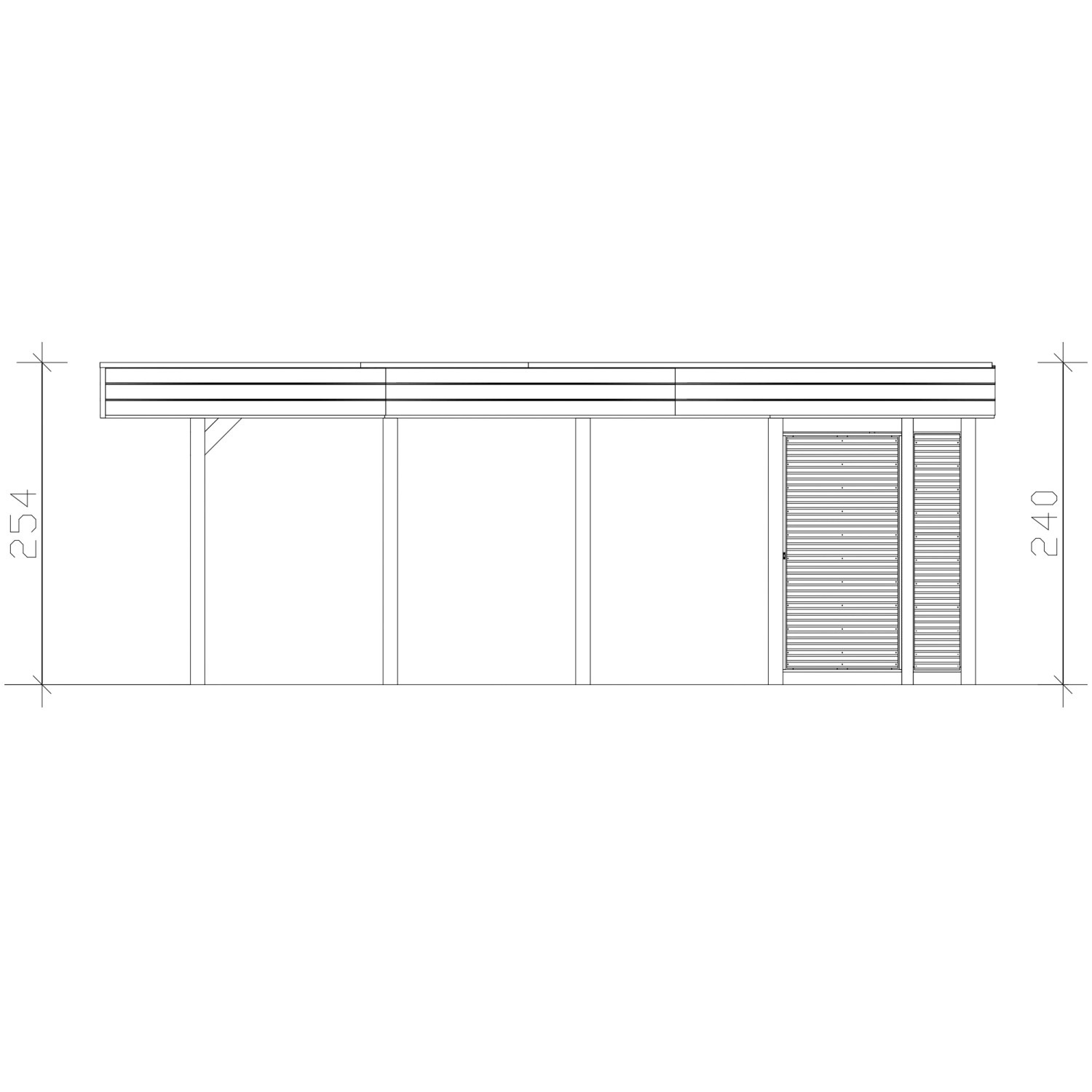 Skizze: Skan Holz Carport Friesland Hybrid Nussbaum, 557x708cm, mit Abstellraum. Seitenansicht mit Maßangaben.