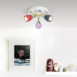 Buntes LED-Spotrondell Birds, 3-flammig, für Kinderzimmer. Deckenlampe mit roten, grauen und lila Spots.