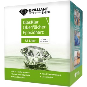 Verpackung Brilliant Shine Epoxidharz Oberflächen A+B 7,5l. Spezialspachtel für kristallklare Ergebnisse.