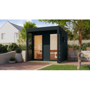 Modernes Karibu Saunahaus Seros 2 in Anthrazit mit Glasfront und seitlichen Lamellen.