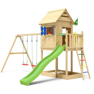 Jungle Gym Spielturm Holz Hideout mit Dach 2 Schaukeln Fensterl. Rutsche Hellgr.