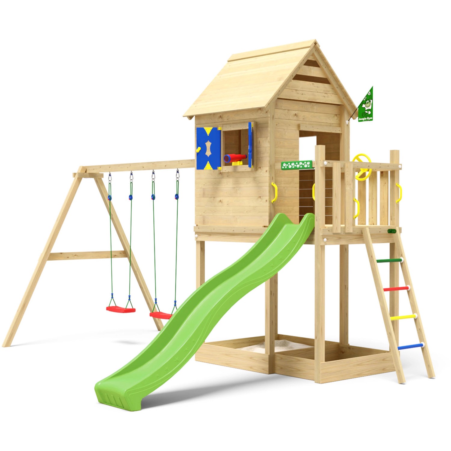 Jungle Gym Spielturm Holz Hideout mit Dach 2 Schaukeln Fensterl